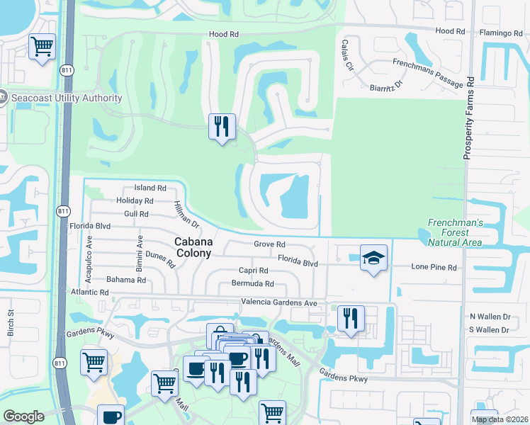 map of restaurants, bars, coffee shops, grocery stores, and more near 624 Hermitage Circle in Palm Beach Gardens