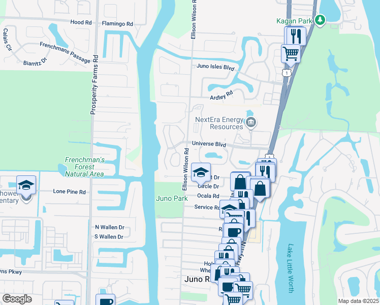 map of restaurants, bars, coffee shops, grocery stores, and more near 7 Grand Bay Circle in North Palm Beach