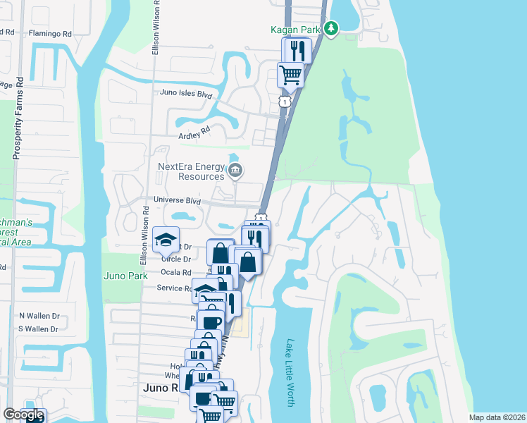 map of restaurants, bars, coffee shops, grocery stores, and more near 12394 Jimmy Buffett Memorial Highway in North Palm Beach