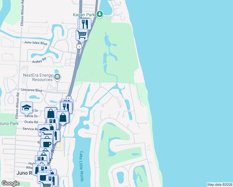 map of restaurants, bars, coffee shops, grocery stores, and more near 12404 Indian Road in North Palm Beach