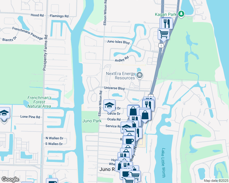 map of restaurants, bars, coffee shops, grocery stores, and more near 23 Uno Lago Drive in North Palm Beach