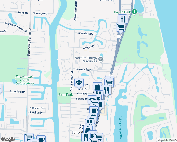 map of restaurants, bars, coffee shops, grocery stores, and more near 700 Uno Lago Drive in North Palm Beach
