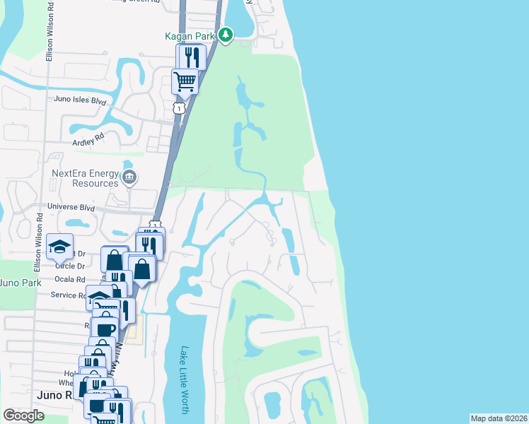 map of restaurants, bars, coffee shops, grocery stores, and more near 12340 Channel Drive in North Palm Beach