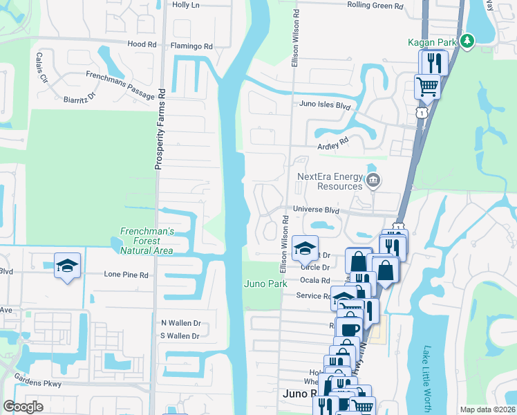 map of restaurants, bars, coffee shops, grocery stores, and more near 441 Coral Cove Drive in North Palm Beach