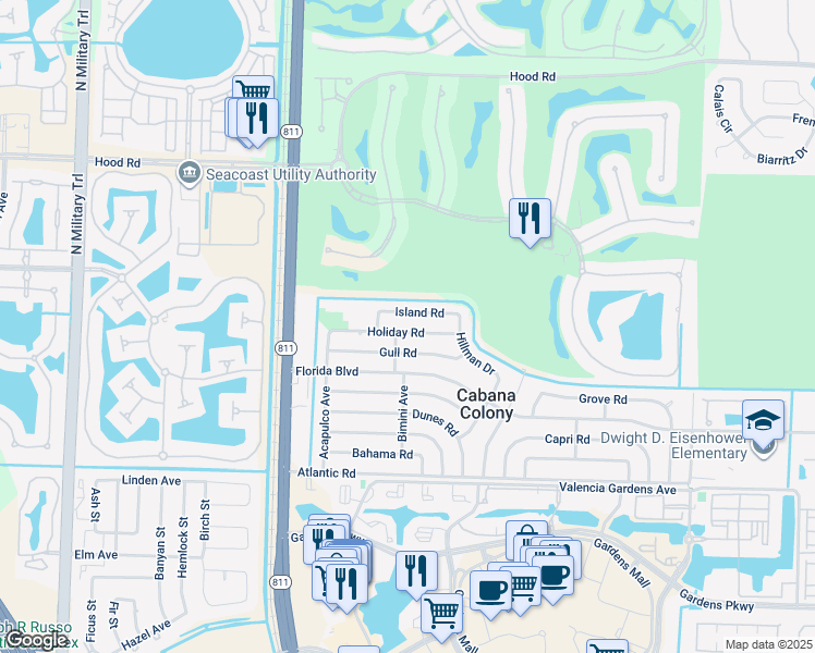 map of restaurants, bars, coffee shops, grocery stores, and more near 3697 Holiday Road in Palm Beach Gardens