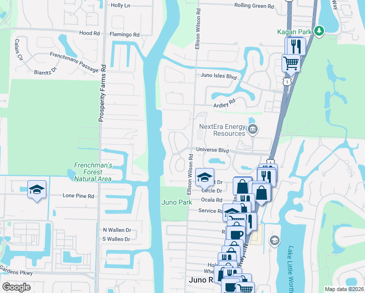 map of restaurants, bars, coffee shops, grocery stores, and more near 111 Oak Harbour Drive in Juno Beach