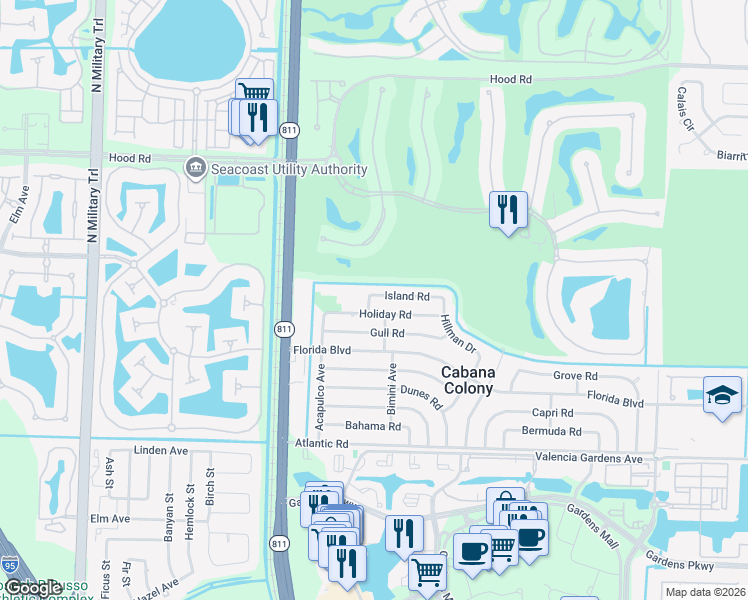 map of restaurants, bars, coffee shops, grocery stores, and more near 3758 Island Road in Palm Beach Gardens