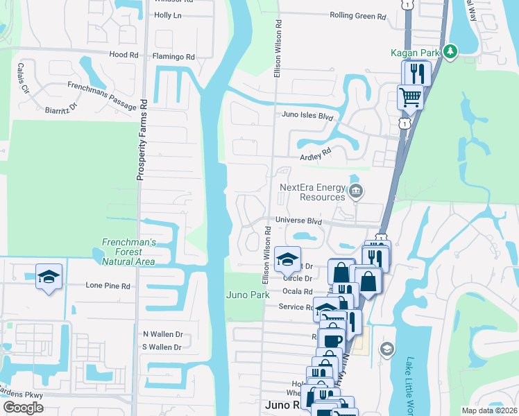 map of restaurants, bars, coffee shops, grocery stores, and more near 111 Oak Harbour Drive in Juno Beach