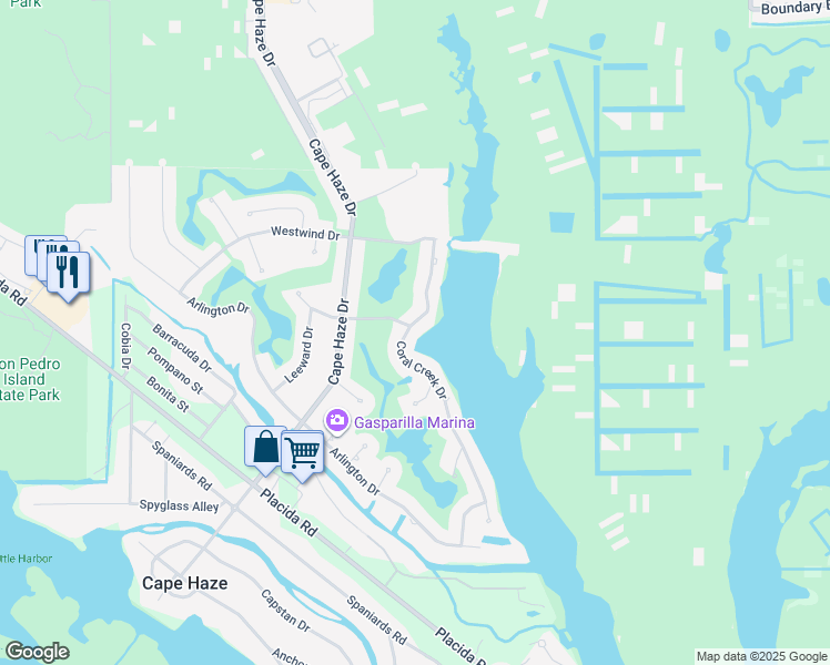 map of restaurants, bars, coffee shops, grocery stores, and more near 490 Coral Creek Drive in Placida