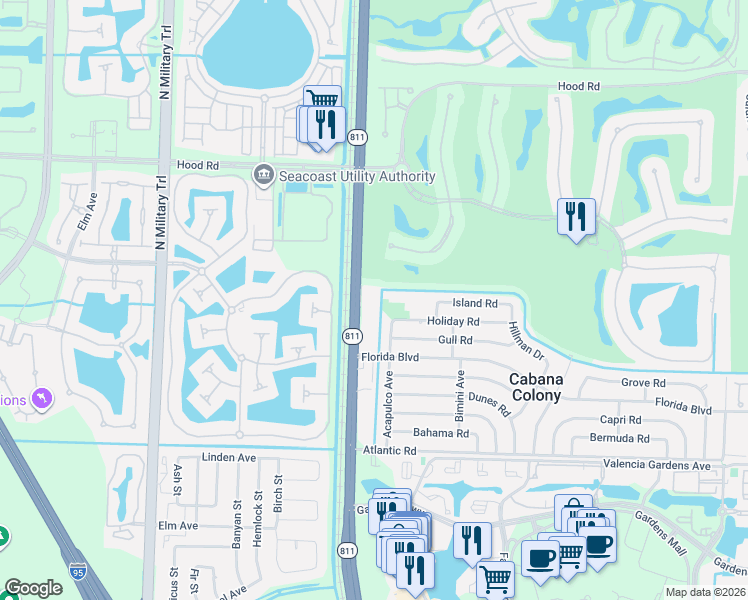 map of restaurants, bars, coffee shops, grocery stores, and more near 12416 Florida A1A Alternate in Palm Beach Gardens