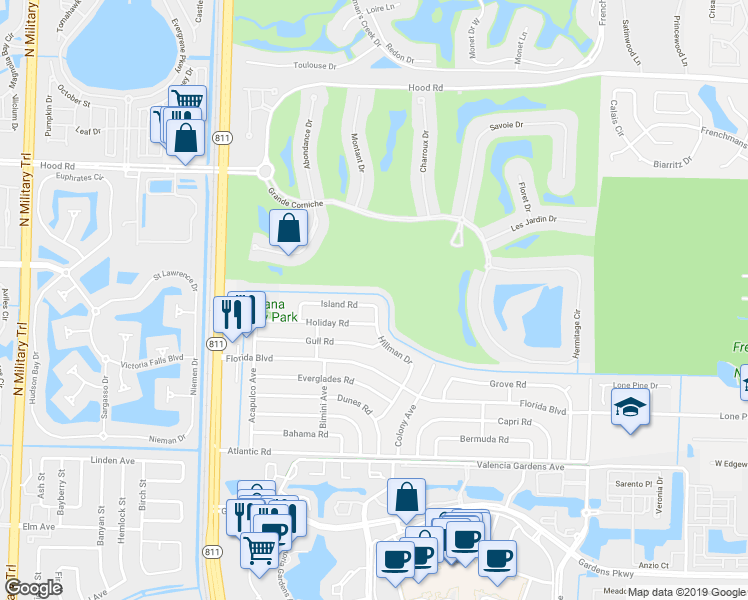 map of restaurants, bars, coffee shops, grocery stores, and more near 3577 Island Road in Palm Beach Gardens