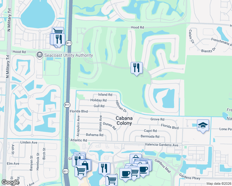 map of restaurants, bars, coffee shops, grocery stores, and more near 3577 Island Road in Palm Beach Gardens