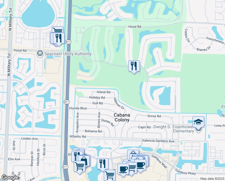 map of restaurants, bars, coffee shops, grocery stores, and more near 3589 Island Road in Palm Beach Gardens
