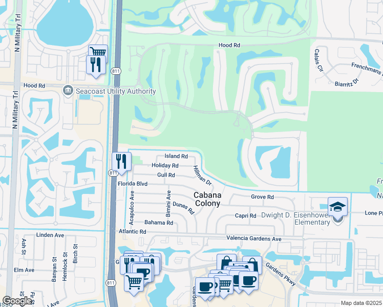map of restaurants, bars, coffee shops, grocery stores, and more near 3577 Island Road in Palm Beach Gardens