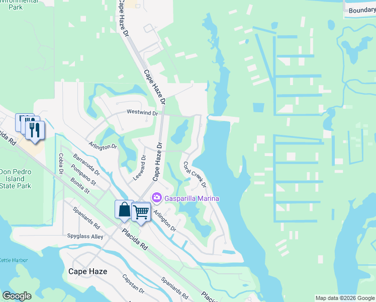 map of restaurants, bars, coffee shops, grocery stores, and more near 490 Coral Creek Drive in Placida