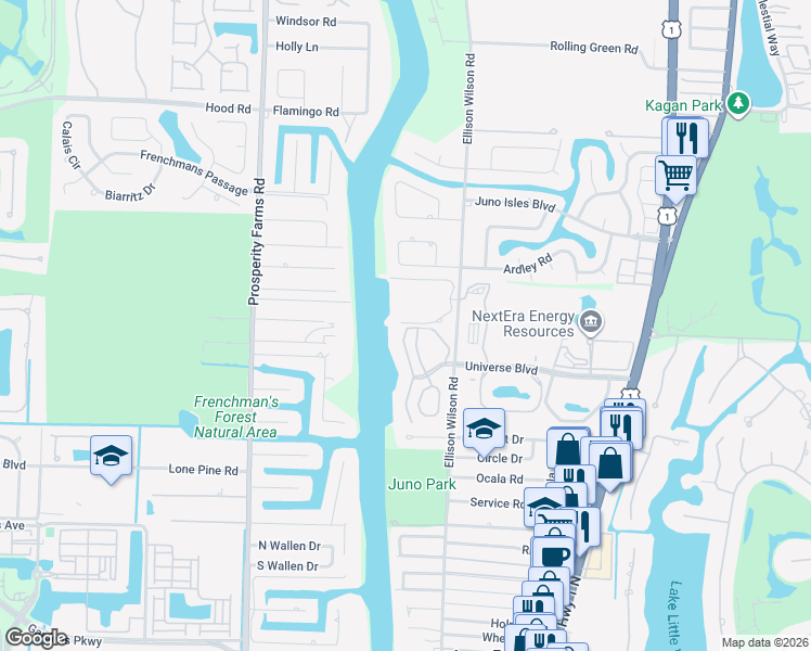map of restaurants, bars, coffee shops, grocery stores, and more near 811 Oak Harbour Drive in Juno Beach