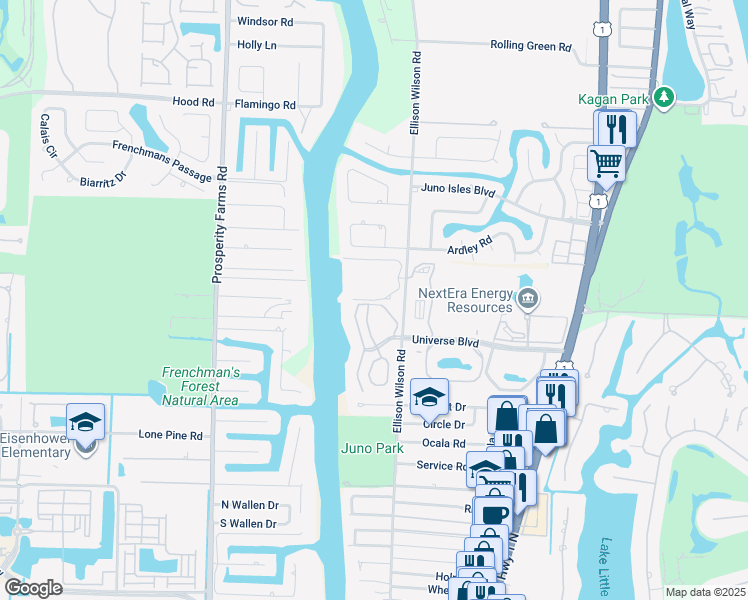 map of restaurants, bars, coffee shops, grocery stores, and more near 1014 Bay Colony Drive South in Juno Beach