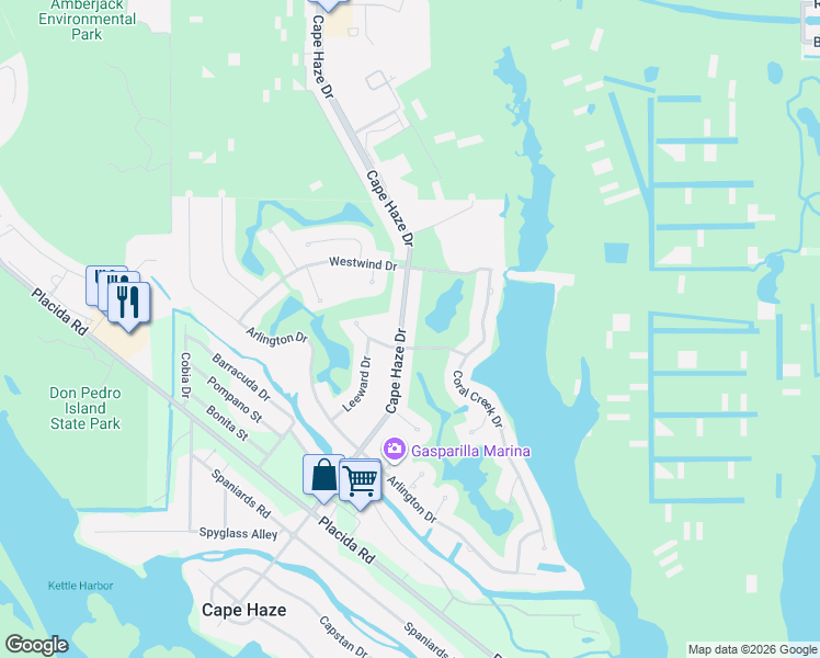 map of restaurants, bars, coffee shops, grocery stores, and more near 4145 Cape Haze Drive in Placida
