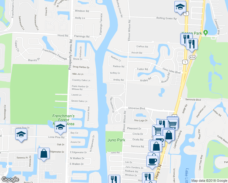 map of restaurants, bars, coffee shops, grocery stores, and more near 1014 Bay Colony Drive South in Juno Beach