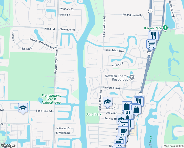 map of restaurants, bars, coffee shops, grocery stores, and more near 1014 Bay Colony Drive South in Juno Beach