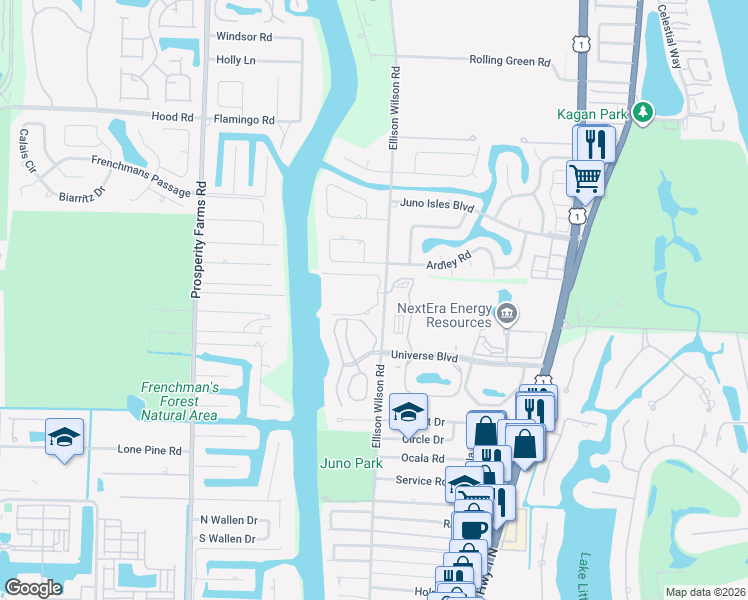 map of restaurants, bars, coffee shops, grocery stores, and more near 1015 Bay Colony Drive South in Juno Beach