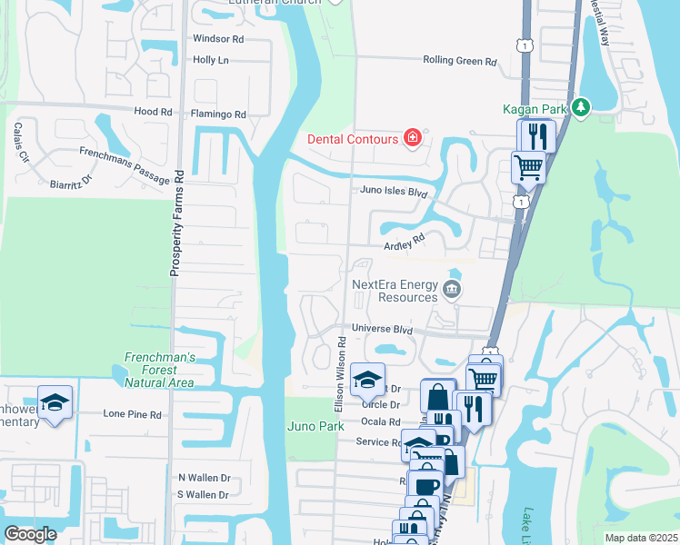 map of restaurants, bars, coffee shops, grocery stores, and more near 611 Bay Colony Drive South in Juno Beach