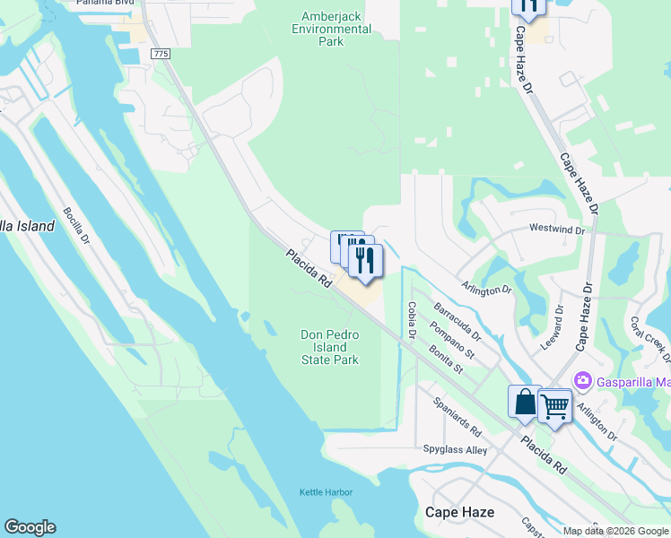 map of restaurants, bars, coffee shops, grocery stores, and more near 8405 Placida Road in Placida