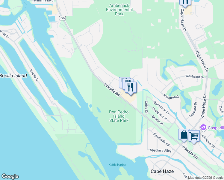 map of restaurants, bars, coffee shops, grocery stores, and more near 8403 Placida Road in Cape Haze