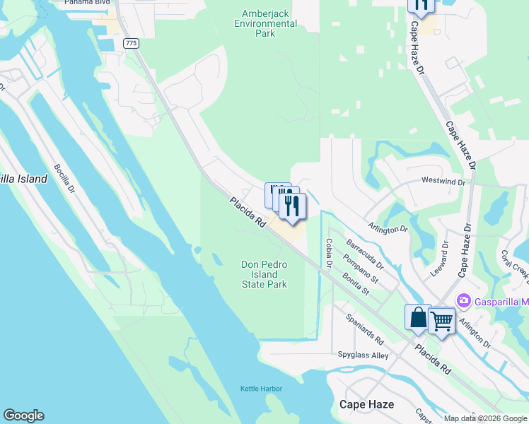 map of restaurants, bars, coffee shops, grocery stores, and more near 8405 Placida Road in Placida