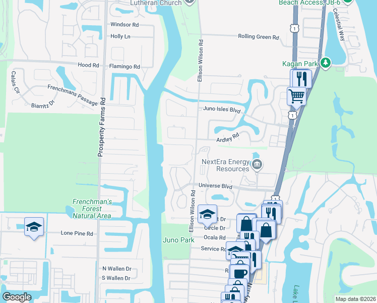 map of restaurants, bars, coffee shops, grocery stores, and more near 122 Bay Colony Drive North in North Palm Beach