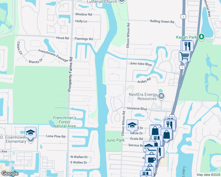 map of restaurants, bars, coffee shops, grocery stores, and more near 432 Bay Colony Drive North in Juno Beach