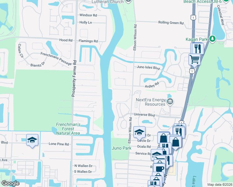 map of restaurants, bars, coffee shops, grocery stores, and more near 1014 Bay Colony Drive South in Juno Beach