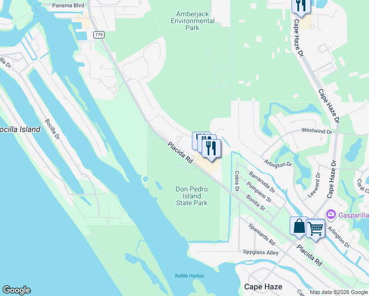 map of restaurants, bars, coffee shops, grocery stores, and more near 8405 Placida Road in Placida