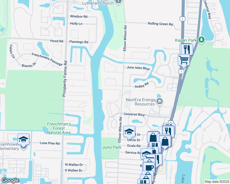 map of restaurants, bars, coffee shops, grocery stores, and more near in Juno Beach