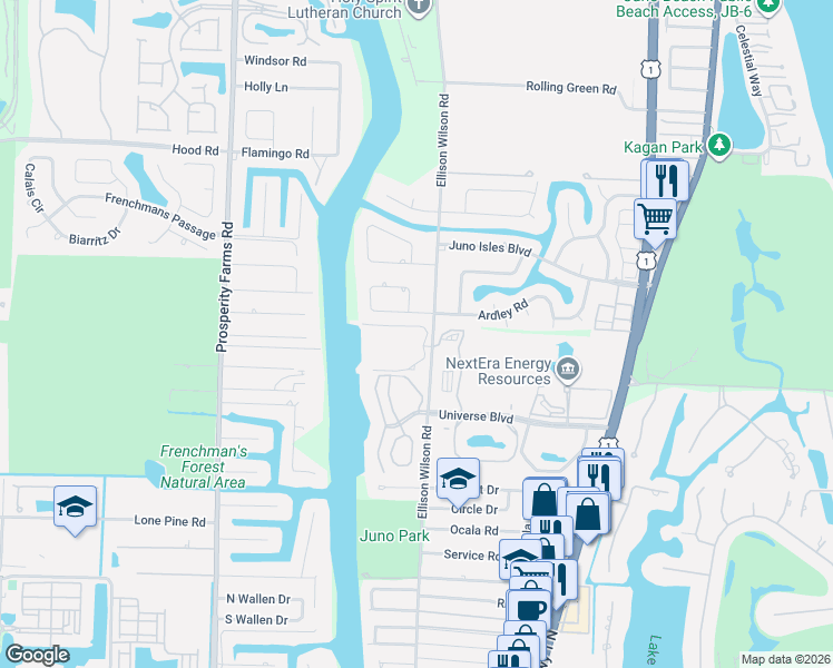 map of restaurants, bars, coffee shops, grocery stores, and more near in Juno Beach