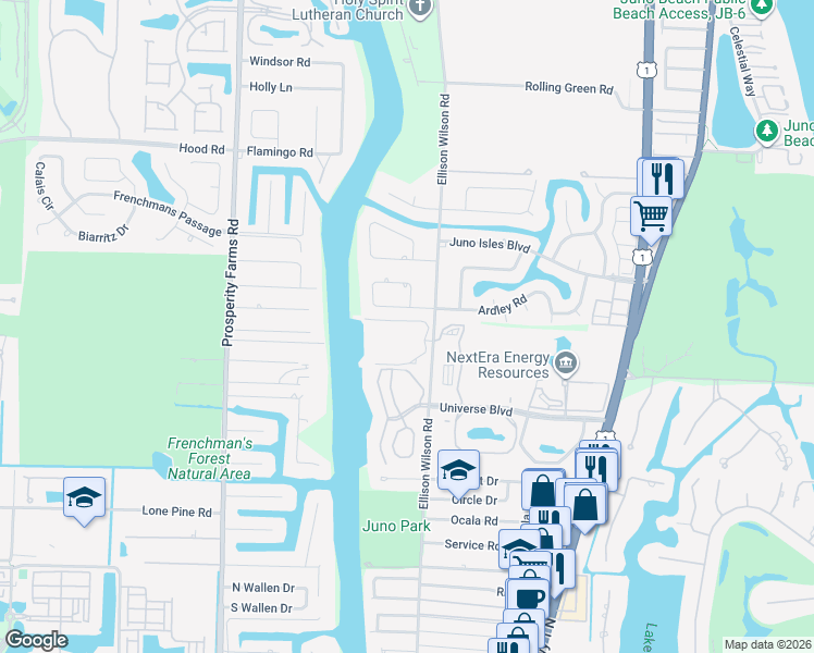 map of restaurants, bars, coffee shops, grocery stores, and more near 243 Bay Colony Drive North in Juno Beach