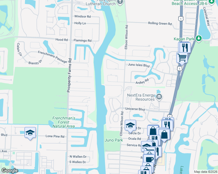 map of restaurants, bars, coffee shops, grocery stores, and more near 1014 Bay Colony Drive South in Juno Beach