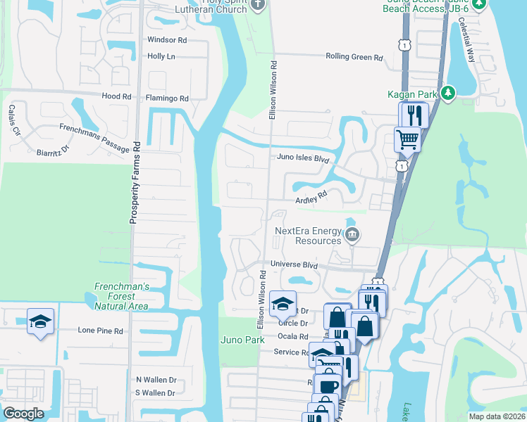 map of restaurants, bars, coffee shops, grocery stores, and more near in Juno Beach