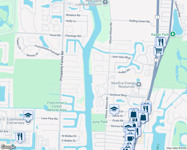 map of restaurants, bars, coffee shops, grocery stores, and more near 2117 Ardley Road in North Palm Beach