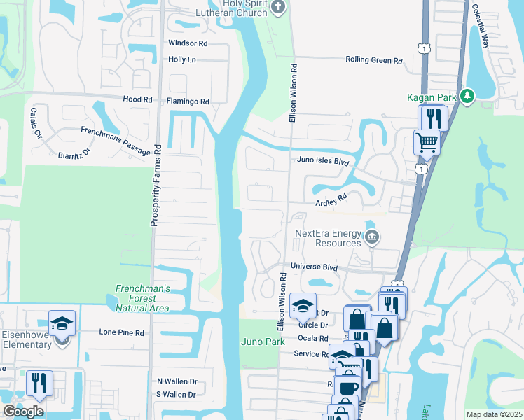 map of restaurants, bars, coffee shops, grocery stores, and more near 2117 Ardley Road in North Palm Beach