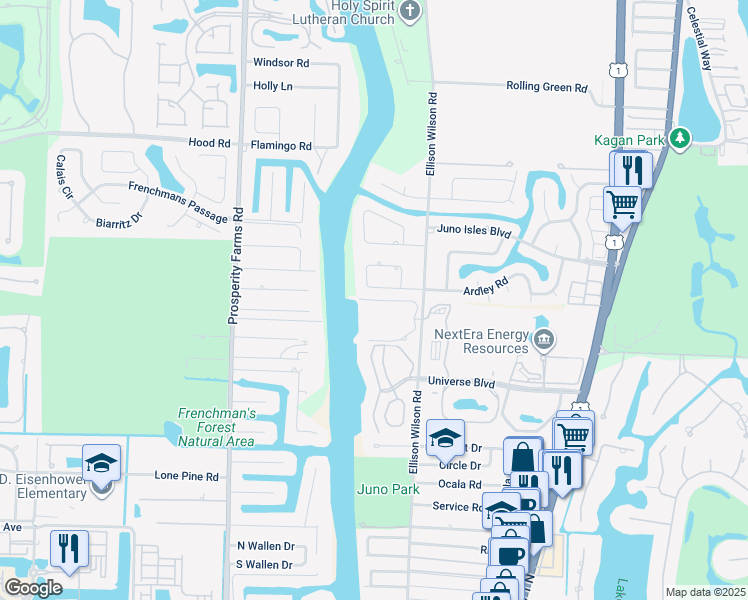 map of restaurants, bars, coffee shops, grocery stores, and more near 122 Bay Colony Drive North in North Palm Beach