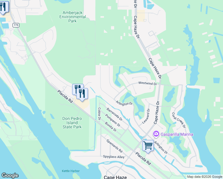 map of restaurants, bars, coffee shops, grocery stores, and more near 15 Windward Road in Cape Haze