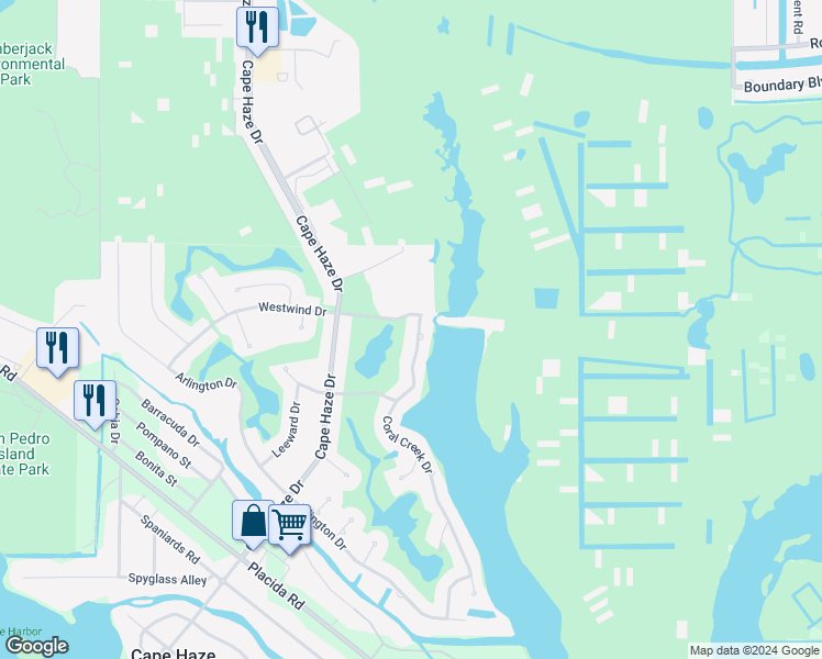 map of restaurants, bars, coffee shops, grocery stores, and more near 575 Coral Creek Drive in Placida