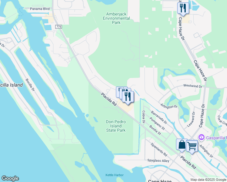 map of restaurants, bars, coffee shops, grocery stores, and more near 8409 Placida Road in Placida