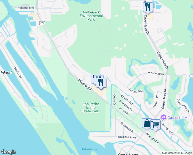 map of restaurants, bars, coffee shops, grocery stores, and more near 8407 Placida Road in Cape Haze