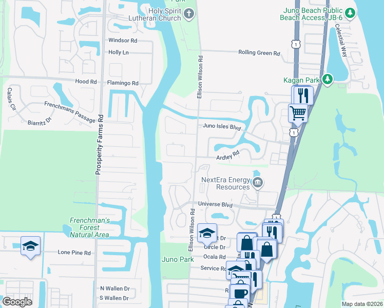 map of restaurants, bars, coffee shops, grocery stores, and more near 2013 Ardley Road in North Palm Beach