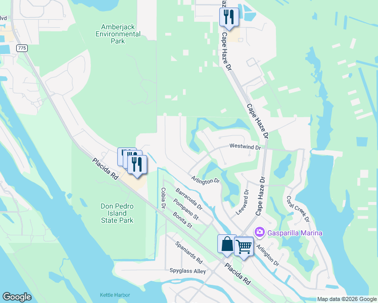 map of restaurants, bars, coffee shops, grocery stores, and more near 15 Windward Road in Cape Haze