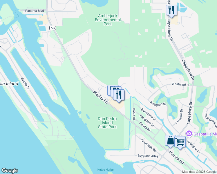 map of restaurants, bars, coffee shops, grocery stores, and more near 8409 Placida Road in Placida
