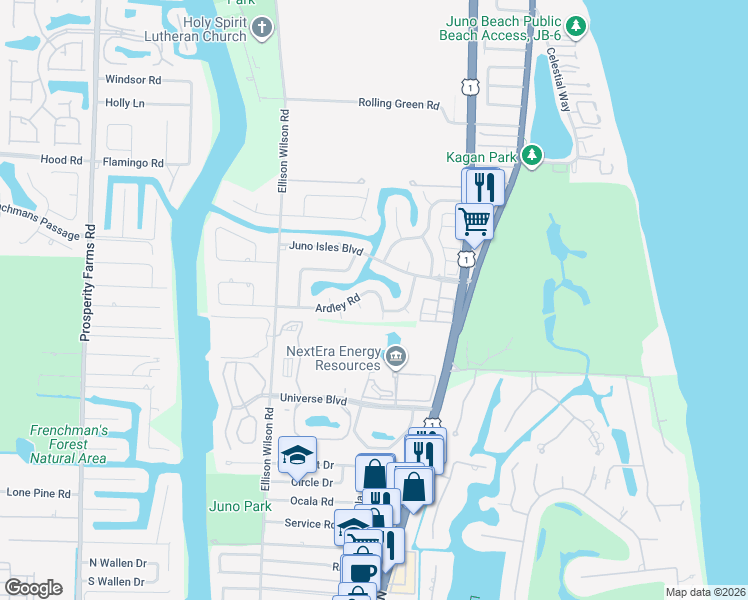 map of restaurants, bars, coffee shops, grocery stores, and more near 1716 Ardley Road in North Palm Beach