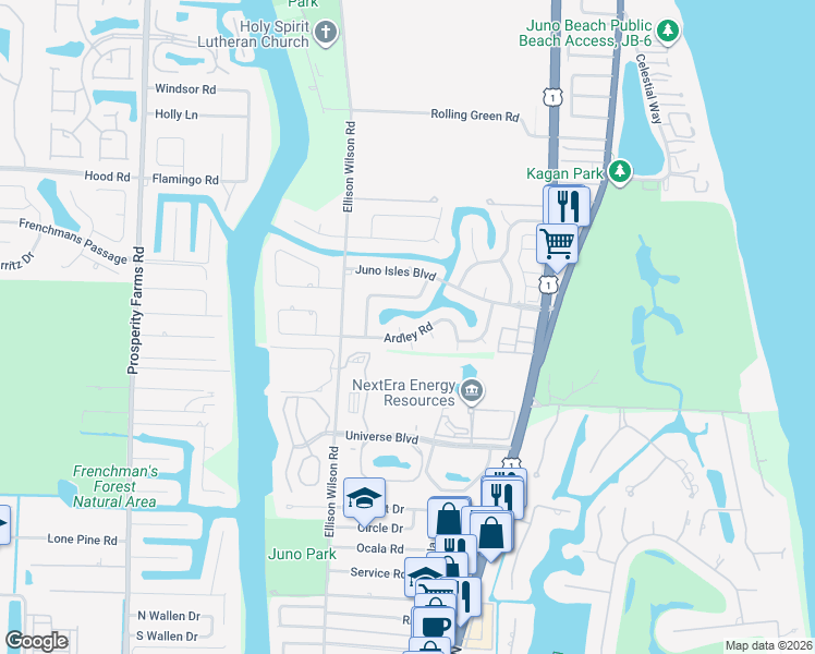 map of restaurants, bars, coffee shops, grocery stores, and more near 1831 Ardley Circle in North Palm Beach